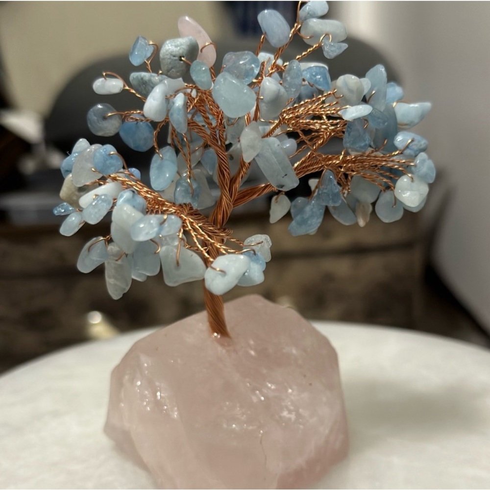Aquamarine tree on rose quartz base